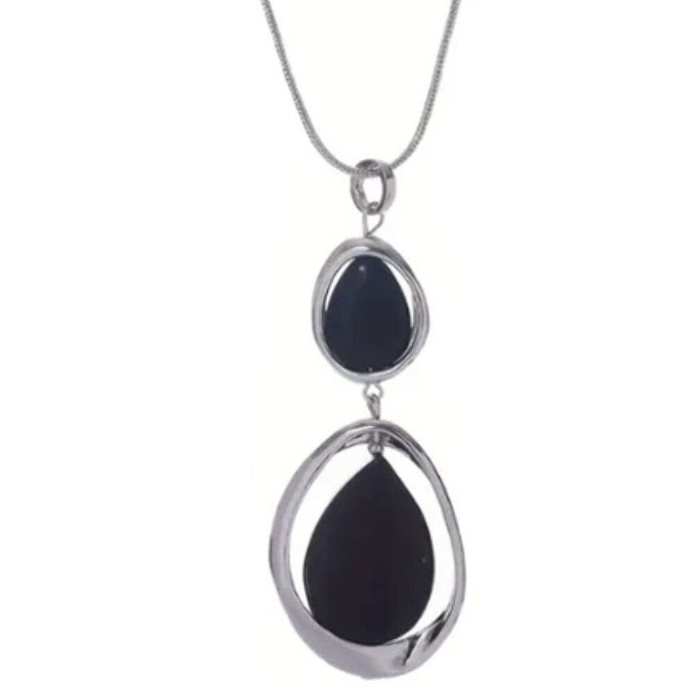Minimalist Geometric Black Stone & 14k White Gold Plated Pendant Necklace